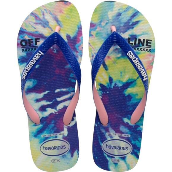 Havaianas Blue Multicolor Wode Strap Flip Flops Womens 39/40 or 9- 10 New - Picture 1 of 8